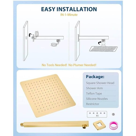 🚨SOLD Stainless Steel Brushed Gold Rainfall Shower Head 12" Large Square 16” Arm - Picture 2 of 2